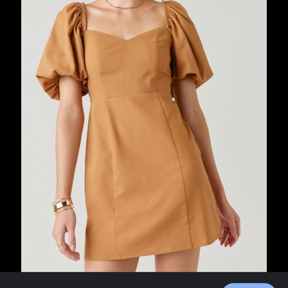 Grettie Bow Back brown Mini Dress puff sleeves - Picture 1 of 7